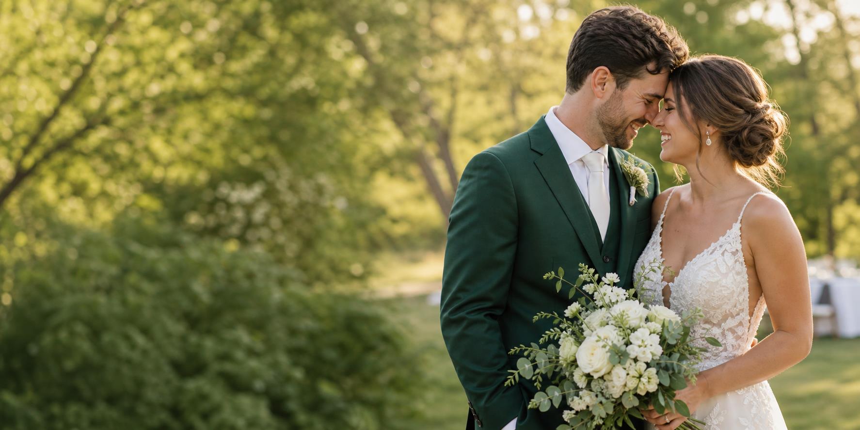 A bride and groom celebrating in a sunlit garden
