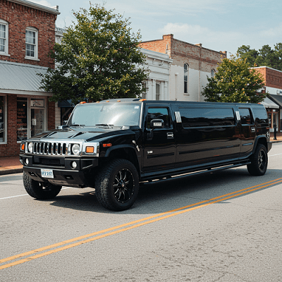 A black stretch Hummer limousine parked on a city street.