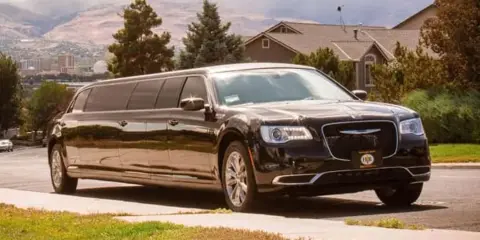 A black stretch limousine parked on a residential street with a mountainous landscape in the background.