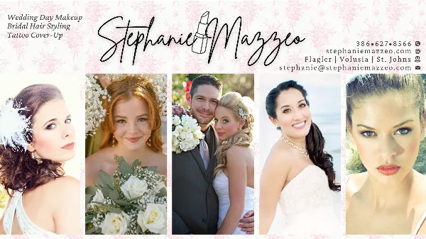 A collage of five photographs showing brides and models with professional makeup and hair styling.