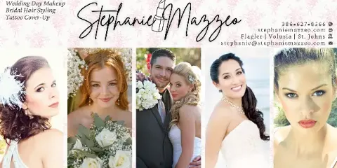 A collage of five photographs showing brides and models with professional makeup and hair styling.