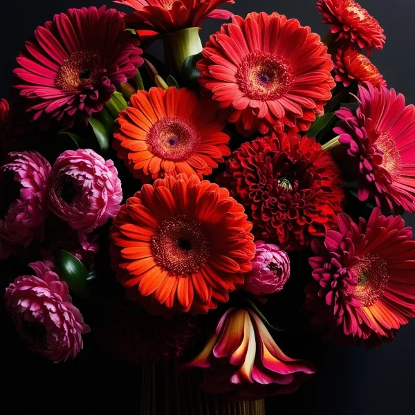 A close-up photograph of a vibrant floral arrangement featuring red and orange gerbera daisies and pink ranunculus against a dark background.