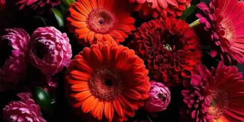 A close-up photograph of a vibrant floral arrangement featuring red and orange gerbera daisies and pink ranunculus against a dark background.