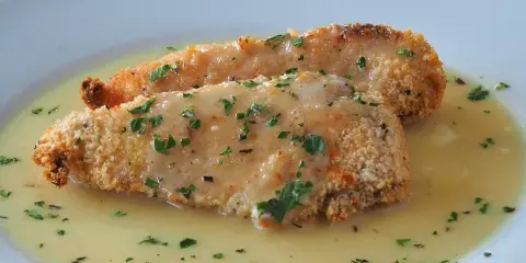 A plate of panko crusted chicken served with a light sauce and garnished with fresh herbs.