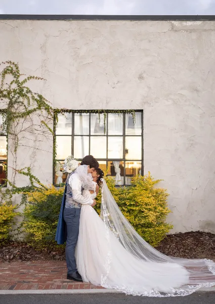 A bride and groom sharing a kiss outdoors in front of a white textured wall with greenery.