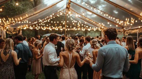 Guests dancing at a wedding reception under a tent with string lights.