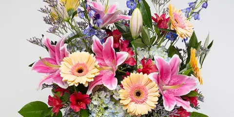 A vibrant floral arrangement featuring pink lilies, gerbera daisies, delphiniums, and hydrangeas in a clear glass vase.