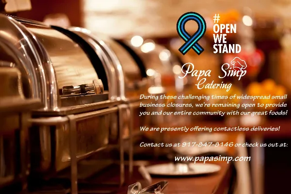 A close-up view of stainless steel catering chafing dishes with the Papa Simp Catering logo and text overlay.