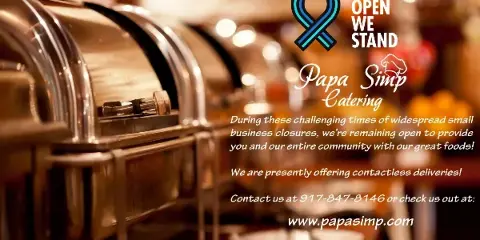 A close-up view of stainless steel catering chafing dishes with the Papa Simp Catering logo and text overlay.