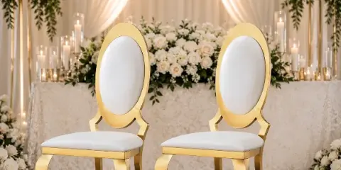 A pair of gold and white luxury wedding chairs set against a backdrop of white flowers and drapery.