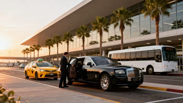 A professional chauffeur in a suit opens the door of a black luxury sedan at an airport terminal.