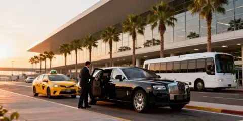 A professional chauffeur in a suit opens the door of a black luxury sedan at an airport terminal.