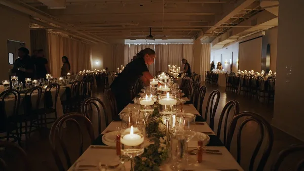 Interior view of a large event venue with long tables set with candles and floral centerpieces, with staff members arranging the space.