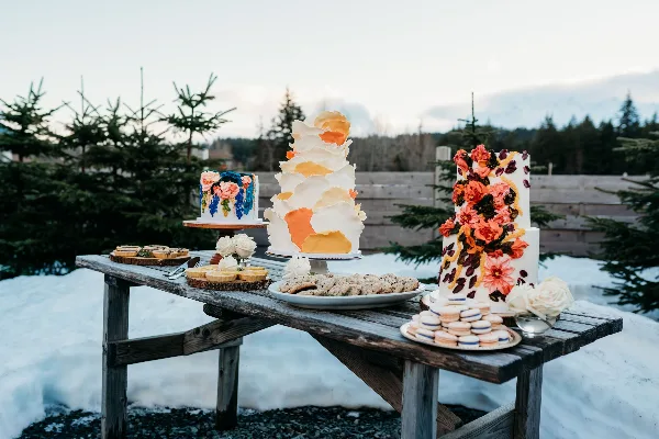 A rustic wooden table set outdoors in a snowy landscape displaying an assortment of wedding cakes, macarons, and pastries.