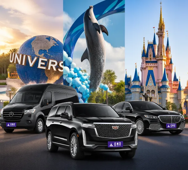 A black Mercedes passenger van, a black Cadillac SUV, and a black luxury sedan parked in front of a collage of Orlando theme park landmarks including the Universal globe, a dolphin statue, and Cinderella Castle.