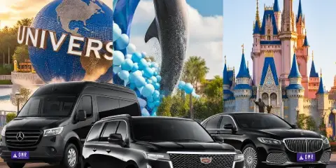 A black Mercedes passenger van, a black Cadillac SUV, and a black luxury sedan parked in front of a collage of Orlando theme park landmarks including the Universal globe, a dolphin statue, and Cinderella Castle.