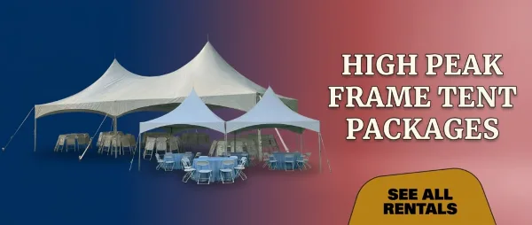 A white high peak frame tent set up outdoors with tables and chairs arranged underneath.
