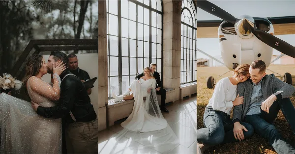 Collage of wedding and engagement photographs featuring couples in various settings including a kiss, a bride and groom by a window, and a couple sitting in front of a small airplane.