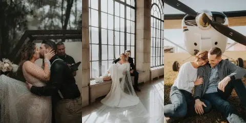 Collage of wedding and engagement photographs featuring couples in various settings including a kiss, a bride and groom by a window, and a couple sitting in front of a small airplane.