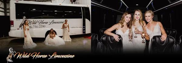 A white Wild Horse Limousine coach bus parked in a garage with a bride and bridesmaids in wedding dresses posing in front of it and inside the vehicle.