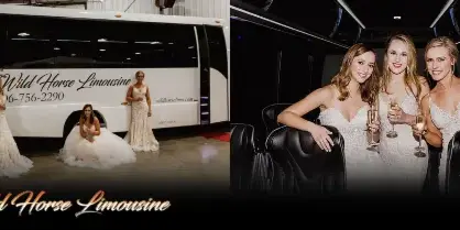A white Wild Horse Limousine coach bus parked in a garage with a bride and bridesmaids in wedding dresses posing in front of it and inside the vehicle.