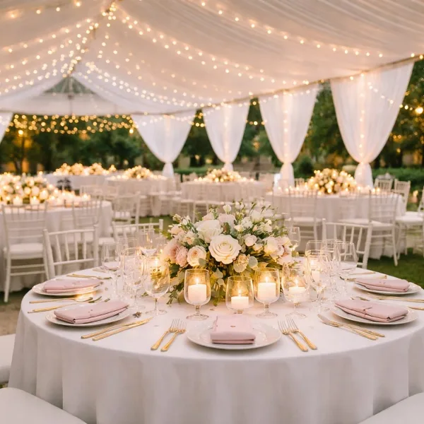 A wedding reception setup under a white tent featuring round tables with white linens, Chiavari chairs, floral centerpieces, and string lights.