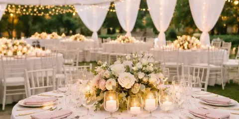 A wedding reception setup under a white tent featuring round tables with white linens, Chiavari chairs, floral centerpieces, and string lights.