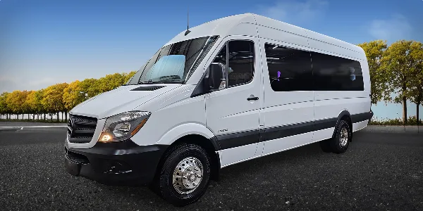 A white Mercedes-Benz Sprinter van parked on an asphalt surface with trees in the background.