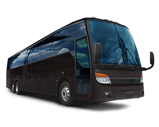 A large, dark-colored 56-passenger charter bus.