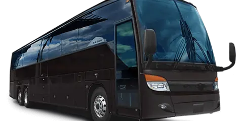 A large, dark-colored 56-passenger charter bus.