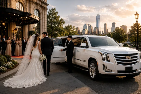 A bride and groom boarding a white limousine outside a venue with a city skyline in the background.