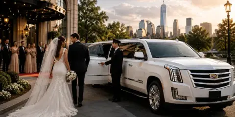 A bride and groom boarding a white limousine outside a venue with a city skyline in the background.