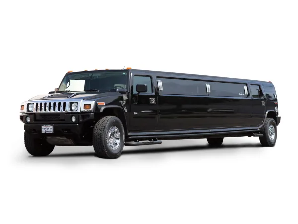 A black Hummer stretch limousine parked against a white background.