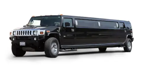 A black Hummer stretch limousine parked against a white background.