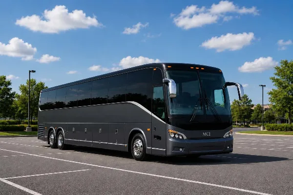 A large black charter bus parked in an empty parking lot under a blue sky with white clouds.