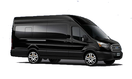 A black passenger van parked against a dark background.