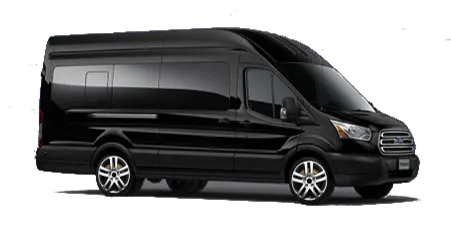 A black passenger van parked against a dark background.