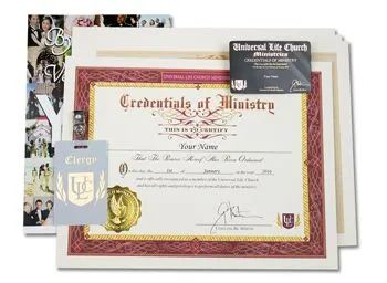 A collection of ministry supplies including a 'Credentials of Ministry' certificate, a clergy badge, and a parking placard.