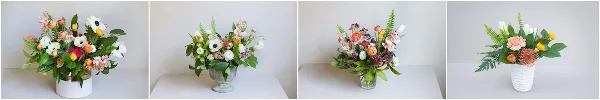 A collage of four different floral arrangements in vases, featuring a mix of colorful flowers and greenery.