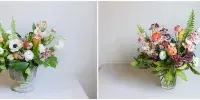 A collage of four different floral arrangements in vases, featuring a mix of colorful flowers and greenery.