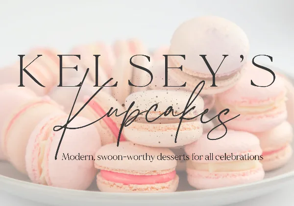 A plate of pastel pink and white macarons with the text 'Kelsey's Kupcakes' overlaid.