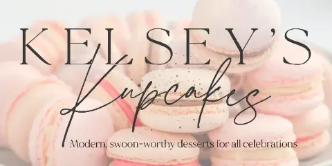 A plate of pastel pink and white macarons with the text 'Kelsey's Kupcakes' overlaid.