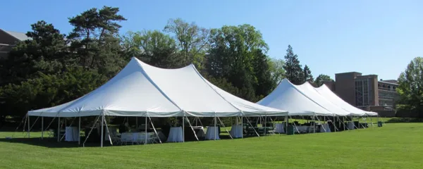 Large white frame tents set up on a grassy lawn with tables and chairs underneath.