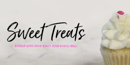 A close-up of a vanilla cupcake with white frosting and a pink candy topping, set against a white marble background with the text 'Sweet Treats'.