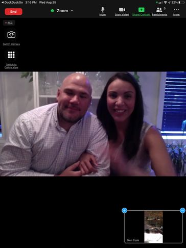 A screenshot of a Zoom video call showing a couple and a Utah Wedding Officiant named Glen Cook participating in an online ceremony.