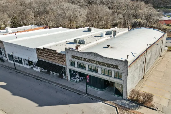 Aerial view of the exterior of The Montgomery Event Venue building