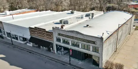 Aerial view of the exterior of The Montgomery Event Venue building