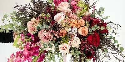 A cascading wedding bouquet with pink and red roses, magenta stock, and eucalyptus held against a white background.