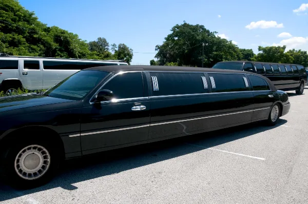 A black stretch limousine parked in a lot with other vehicles in the background.