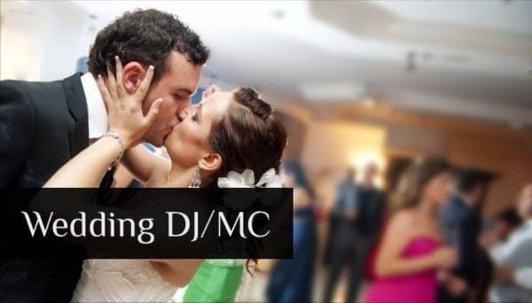 A bride and groom dancing at a wedding reception with a 'Wedding DJ/MC' text overlay.